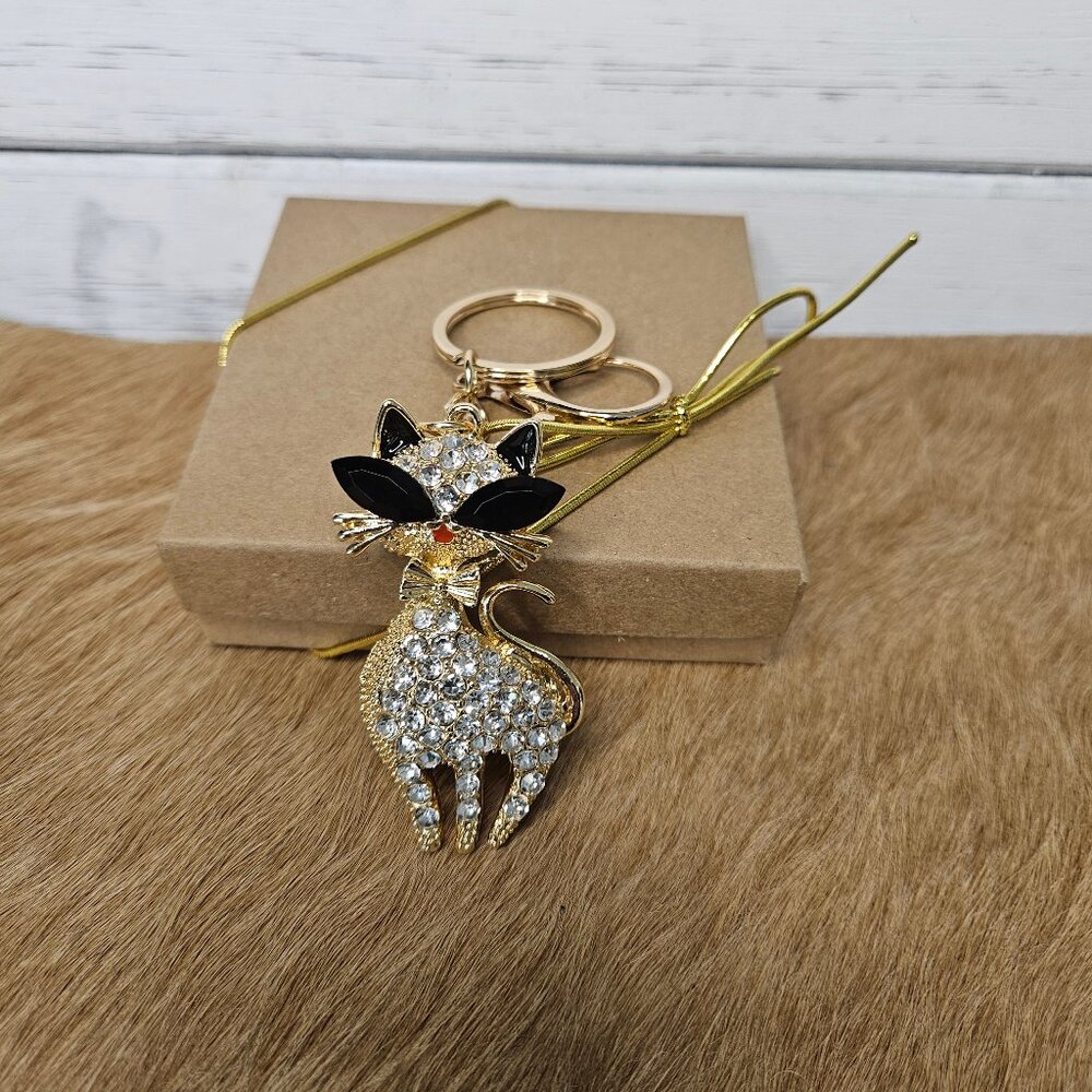 White Rhinestone Cat Bag Charm Key Ring